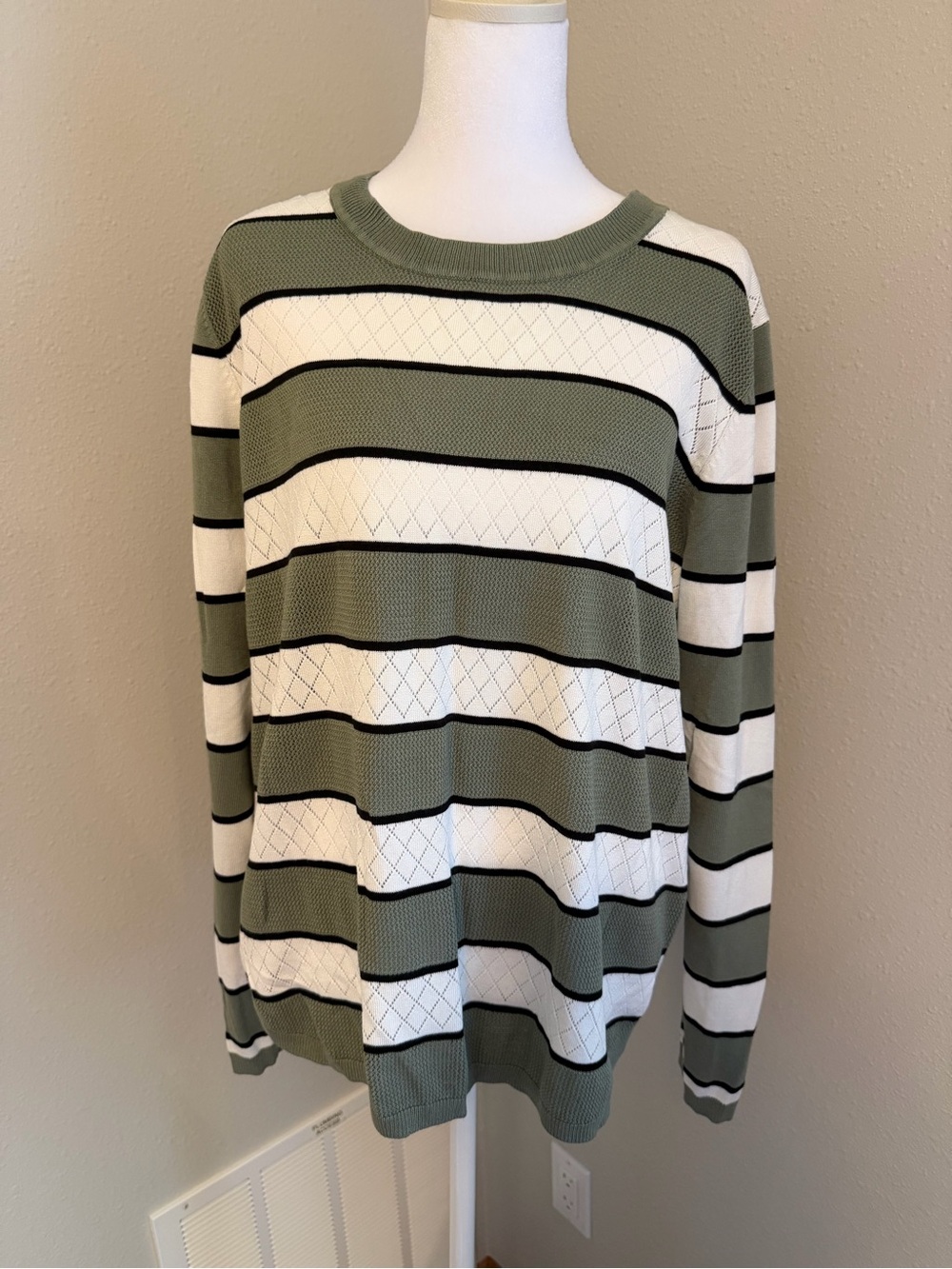 Women's Olive Green & White Striped Crewneck Sweater